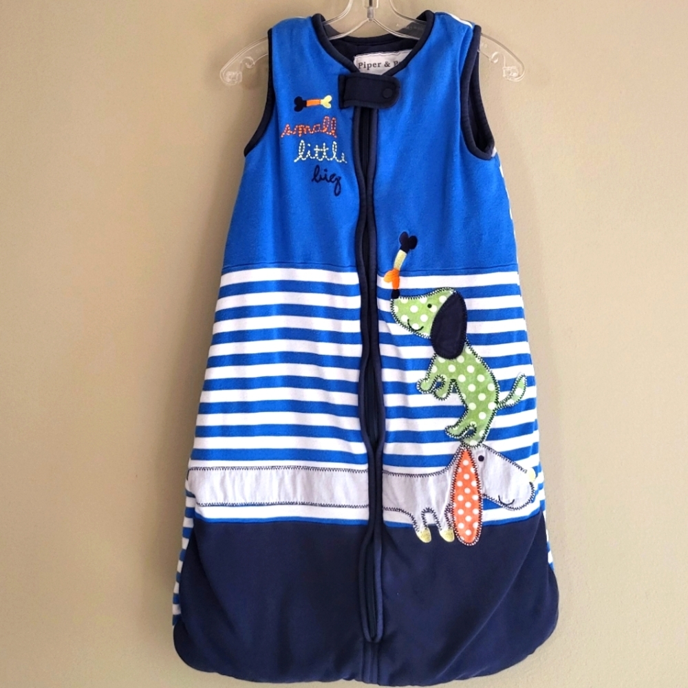 Piper & Posie blue striped heavy sleep sack with puppy detail